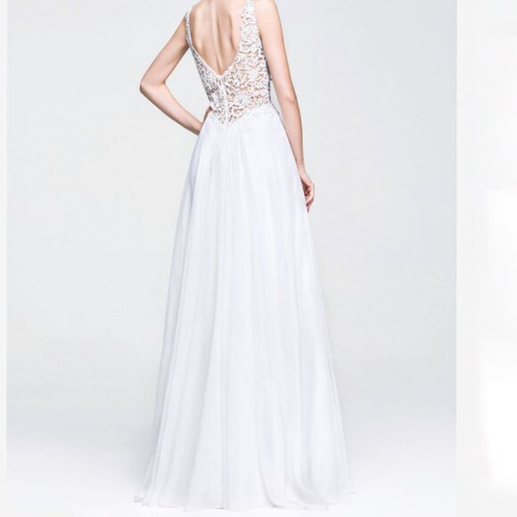 WHITE A-LINE/SWEETHEART NECKLINE CHIFFON WEDDING DRESS WITH LACE TOP & CRYSTALS - Picture 4 of 17